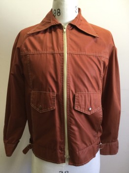 HORIZON, Brown, Cotton, Polyester, Solid, Zip Front, Pointy Collar Attached, Raglan Long Sleeves with Snap Cuff, 4 Pockets, 2 Side Waist Buckle Tabs, Cream Stitching **shoulder Burn***