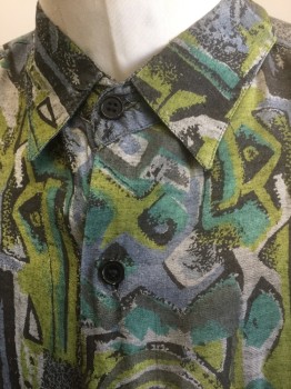 CODE ZERO, Multi-color, Slate Blue, Lime Green, Black, Gray, Rayon, Abstract , Geometric, Funky Artsy Pattern with Diamonds, Zig Zags, Spirals, Etc, Long Sleeve Button Front, Collar Attached, 1 Patch Pocket,
