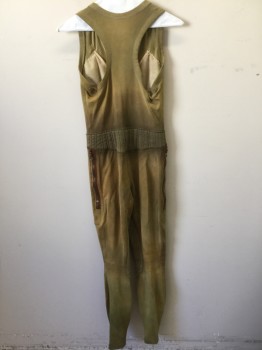 N/L MTO, Olive Green, Brown, Polyester, Spandex, Solid, Olive Stretchy Ribbed Poly/Spandex, Sleeveless, Brown Zipper at Center Front, 2 Brown Zipper Pockets at Chest and 2 More at Hips, Round Neck, Sharktooth Metal Zipper Pull, Elastic Waist, Skinny Legs, Reinforced Crotch, Painted to Look Aged **Multiples