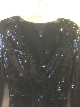 H&M, Black, Metallic, Polyester, Sequins, Solid, Stretch Poly Covered Entirely in Sequins, Long Sleeves, Wrapped Surplice Front, 2" Inseam
