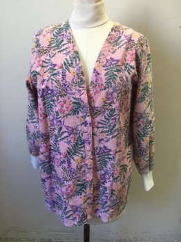 LANDAU, Pink, Green, Purple, Yellow, Blue, Poly/Cotton, Floral, Floral on Light Pink Background, Low Cut Snap Front, Long Sleeves, White Ribbed Knit Cuff, 2 Patch Pockets, Smocked Elastic Back Waist