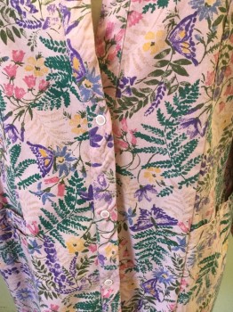 LANDAU, Pink, Green, Purple, Yellow, Blue, Poly/Cotton, Floral, Floral on Light Pink Background, Low Cut Snap Front, Long Sleeves, White Ribbed Knit Cuff, 2 Patch Pockets, Smocked Elastic Back Waist