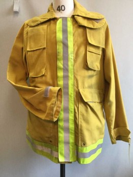 TRANSCON, Mustard Yellow, Silver, Yellow, Nomex, Solid, Aged/Distressed, Vecro Close, 4 Cargo Pocket,  Adjustable Velcro Cuffs, Neon Yellow and Reflective Silver Trims. "Metro Fire Department" Stencilled In Black Center Back, Multiples