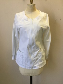 CHEROKEE, White, Poly/Cotton, Spandex, Solid, Zip Front, 2 Patch Pocket,  Round Neck,
