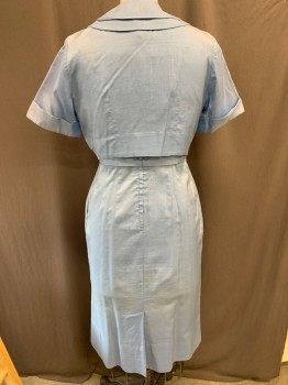 BETTY HARTFORD, Sky Blue, Rayon, Cotton, Solid, DRESS, Open Round Neck, Novelty Collar with Big Button Center Front, Back Zipper, Cap Sleeves, Arm Pit Stains, Hips Have Been Taken in and Let Out, Belt is Slightly Discolored and Shortenned, MATHING BELT