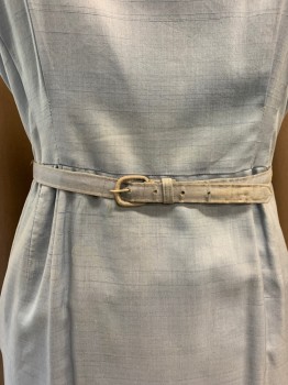 BETTY HARTFORD, Sky Blue, Rayon, Cotton, Solid, DRESS, Open Round Neck, Novelty Collar with Big Button Center Front, Back Zipper, Cap Sleeves, Arm Pit Stains, Hips Have Been Taken in and Let Out, Belt is Slightly Discolored and Shortenned, MATHING BELT