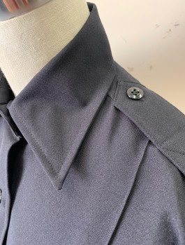 ELBECO, Navy Blue, Polyester, Solid, Long Sleeves, Button Front, Collar Attached, 2 Pockets with Button Flap Closure, Epaulets at Shoulders