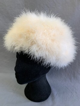 N/L, Cream, Feathers, Solid, Pillbox Shape Covered in Ostrich Feathers,