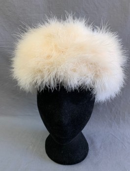 N/L, Cream, Feathers, Solid, Pillbox Shape Covered in Ostrich Feathers,