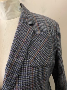 NORDSTROM SIGNATURE, Gray, Black, Multi-color, Wool, Polyester, Houndstooth, Plaid, Notched Lapel, 2 Button, Single Breasted, 1 Patch Pocket, 2 Welt Pockets, Elbow Patches 