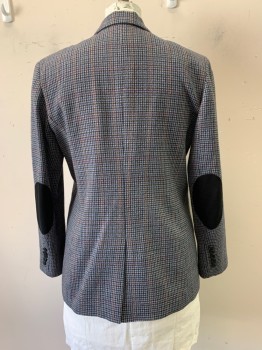 NORDSTROM SIGNATURE, Gray, Black, Multi-color, Wool, Polyester, Houndstooth, Plaid, Notched Lapel, 2 Button, Single Breasted, 1 Patch Pocket, 2 Welt Pockets, Elbow Patches 