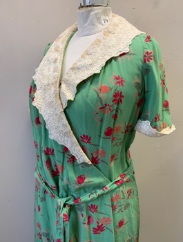 N/L MTO, Green, White, Fuchsia Pink, Peach Orange, Silk, Floral, Crepe, Short Sleeves, White Lace Shawl Lapel, Surplice V-neck, White Lace Cuffs, Self Belt Ties Attached at Waist, Dropped Waist Line, Boxy Fit, Knee Length, Made To Order