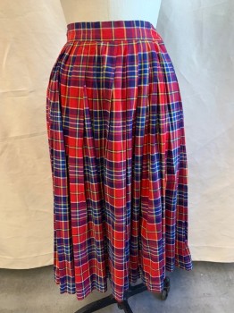 N/L, Red, Blue, Yellow, White, Cotton, Plaid, Pleated, Side Zipper