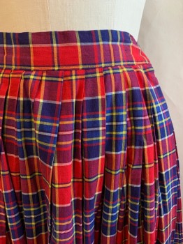 N/L, Red, Blue, Yellow, White, Cotton, Plaid, Pleated, Side Zipper