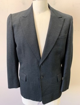 STONE-FIELD, Black, Lt Blue, Wool, Speckled, Single Breasted, Peaked Lapel, 2 Buttons, 3 Pockets, Double Vents in Back, Half Lining Inside