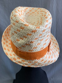 AUGUST, Lt Beige, Orange, Paper, 2 Color Weave, Orange Hat Band