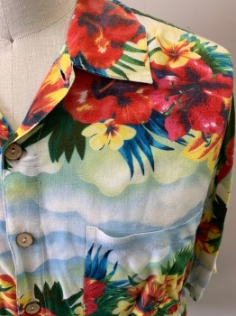 KAD, Lt Blue, Red, Forest Green, White, Multi-color, Rayon, Hawaiian Print, Short Sleeves, Button Front, 7 Wood Buttons, Chest Pocket