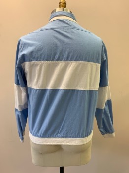 BALDASSINI, Lt Blue, White, Cotton, Color Blocking, Round Collar, Snap Front, 2 Side Pockets, L/S, Elastic Waist, Stain At Back Of Neck