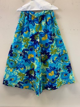 NO LABEL, Turquoise Blue, Green, Navy Blue, Yellow, Polyester, Floral, Back Zipper, Pleated, Loose Fit, Side Pockets,