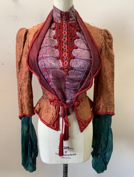N/L MTO, Caramel Brown, Silk, Floral Swirl Taffeta, Center Panel is Burgundy Brocade, 3/4 Sleeve with Teal Taffeta Long Under-Sleeve, Stand Collar, Decorative Buttons in Front, Red Passementarie Ties with Tassels at Waist