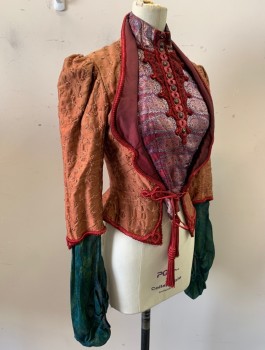 N/L MTO, Caramel Brown, Silk, Floral Swirl Taffeta, Center Panel is Burgundy Brocade, 3/4 Sleeve with Teal Taffeta Long Under-Sleeve, Stand Collar, Decorative Buttons in Front, Red Passementarie Ties with Tassels at Waist