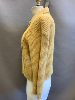 N/L, Tan Brown, Wool, Solid, Cardigan, Rib Knit Point Collar, Cuffs and Waistband, Multi Texture and Cabled Front Panels