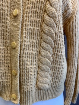 N/L, Tan Brown, Wool, Solid, Cardigan, Rib Knit Point Collar, Cuffs and Waistband, Multi Texture and Cabled Front Panels
