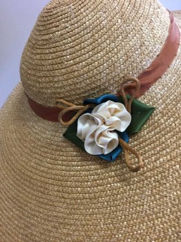 MTO, Tan Brown, Brown, Teal Blue, Green, Cream, Straw, Silk, Straw Wide Brim Floppy Sun Hat, Brown Ribbon Hat Band, Cream Ribbon Florets On Sides with Green/Teal Blue Ribbon Bow Behind, Brown Silk Loops Behind Florets, Brown Grosgrain Ribbon Chin Tie