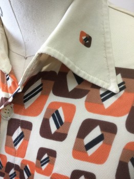 FIRE TRAP, Cream, Orange, Brown, Black, Nylon, Geometric, Cream with Orange, Brown, Dark Brown, & Black Squares with Rounded Edges Pattern, "Qiana"-style Fabric, Long Sleeve Button Front, Collar Attached, Retro 1970's Reproduction From 1990's