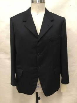 NO LABEL, Black, Wool, Solid, Single Breasted, 3 Button Closure, 3 Pockets