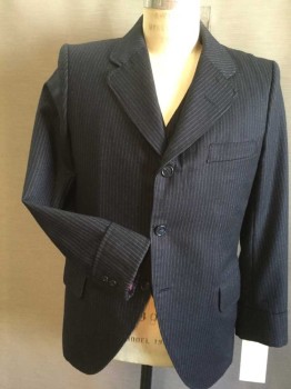 Navy Blue, White, Wool, Single Breasted, 3 Buttons,  Rounded Notched Lapel, Double Pin Stripe, Cutaway, Cuffed Sleeves, 3 Pockets Two with Flaps,