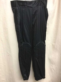 N/L, Black, Polyester, Rayon, Solid, Satin, Cargo Pants, Pleated Waist, Wide Waistband with Velcro Closure, Quilted Panels At Knees with Vertical Stitching, Elastic Cuffs