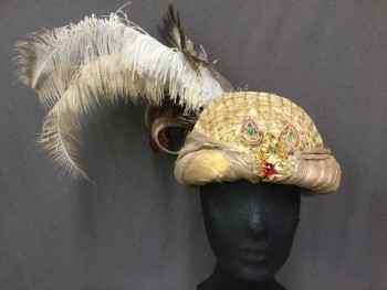COSPROP, Gold, White, Brown, Silk, Feathers, Solid, Stripes, Indian Inspired Turban, Gold In Many Textures, Applique On Front, Jewelled Brooch and Feathers On Back