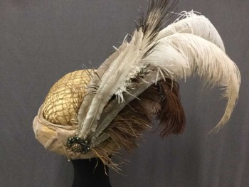 COSPROP, Gold, White, Brown, Silk, Feathers, Solid, Stripes, Indian Inspired Turban, Gold In Many Textures, Applique On Front, Jewelled Brooch and Feathers On Back