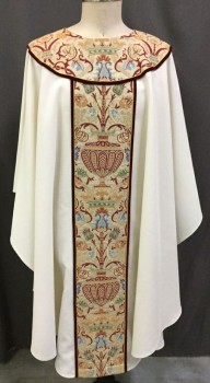 THEOLOGICAL THREADS, Cream, Red Burgundy, Gold, Green, Turquoise Blue, Polyester, Solid, Floral, Round Neck,  Pullover, Poncho, Embroidered Round Yoke and Front and Back Panels