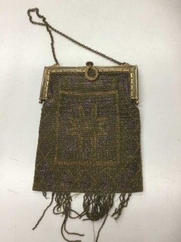 Gold, Lavender Purple, Bronze Metallic, Beaded, Geometric, Gold Bronze & Lavender Micro Beaded Geometric Floral Pattern, Fringe Trim on Bottom Needs Work, Antique Gold Filigree Clasp & Gold Chain Strap, Very Delicate & Fragile, See Photo Attached,
