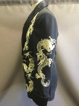 MTO, Black, Butter Yellow, Polyester, Asian Inspired Theme, Solid, Made To Order, Dragon Embroidery, Satin Shawl Lapel with Black Cording, Frog Closure