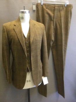 BROOKFIELD, Ochre Brown-Yellow, Moss Green, Brown, Wool, Plaid, Single Breasted, 3 Buttons,  Notched Lapel, 3 Pockets, Single Back Vent