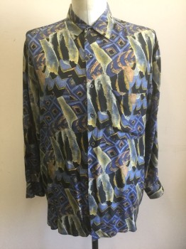 STOCK OPTIONS, Cornflower Blue, Olive Green, Lime Green, Black, Beige, Silk, Abstract , Funky/Artsy Pattern, Long Sleeve Button Front, Collar Attached, 1 Patch Pocket,