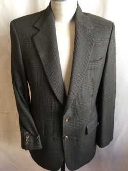 NORDSTROM, Lt Brown, Teal Green, Lt Olive Grn, Dk Orange, Wool, Polyester, Plaid, Notched Lapel, Single Breasted, 2 Button Front, 3 Pockets, CB Vent
