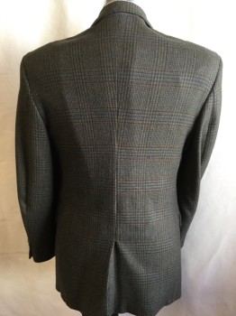 NORDSTROM, Lt Brown, Teal Green, Lt Olive Grn, Dk Orange, Wool, Polyester, Plaid, Notched Lapel, Single Breasted, 2 Button Front, 3 Pockets, CB Vent