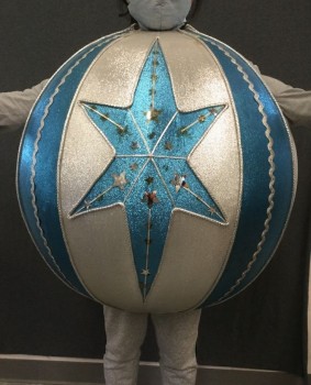 MTO, Silver, Turquoise Blue, Foam, Polyester, Color Blocking, CHRISTMAS BALL DECORATION: Lamé, Foam Circular Body, Turquoise/Silver Stripes, Large Turquoise Star Front, Silver RicRac Detail, Head Hole with Slit Snap Closure, Armholes, Larger Body Hole, Armhole Diameter 4", 12" Bottom Hole Opening,  4.5" Head Opening