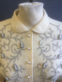 "KIMS" KIMBERLY KNIT, Cream, Gray, Pearl White, Wool, Beaded, Swirl , Leaves/Vines , Cream Knit Cardigan with Gray Vines Swirled Appliqués, Pearl Beads, 3/4 Sleeves, Peter Pan Collar, Pearl Buttons at Center Front,