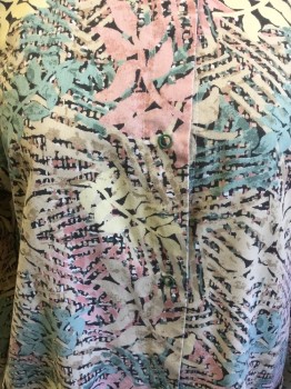 N/L, Tan Brown, Mint Green, Pink, White, Cotton, Polyester, Floral, 80s Floral Pattern, Snap Front, Long Sleeves, White Ribbed Knit Cuff, 2 Patch Pockets