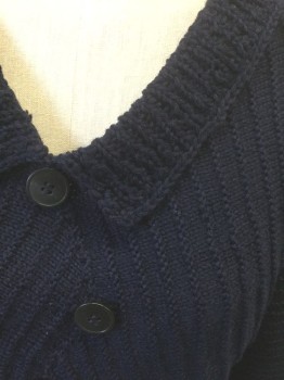N/L, Navy Blue, Wool, Solid, Ribbed Knit, Pullover, V-neck with Self Collar Attached, 5 Dark Navy Buttons Decoratively Attached in Off Kilter Vertical Column at Center Front, Cream Silk Lining,