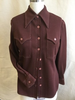 ACT III, Brown, Polyester, Wool, Solid, Brown with Double Tan Top Stitches, Collar Attached, , Button Front, 2 Pockets with Extended Yoke Flap with Matching Button, Long Sleeves, Curved Hem, 1 Vertical  Seam Back Center