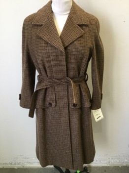 ANNA LONGARINI, Lt Brown, Dk Brown, Wool, Houndstooth, Single Breasted, Notched Lapel, 2 Welt Pocket, Self Tie Belt, Full Length, with Belt, Grease Spot Back Collar