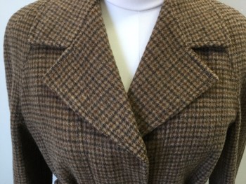 ANNA LONGARINI, Lt Brown, Dk Brown, Wool, Houndstooth, Single Breasted, Notched Lapel, 2 Welt Pocket, Self Tie Belt, Full Length, with Belt, Grease Spot Back Collar