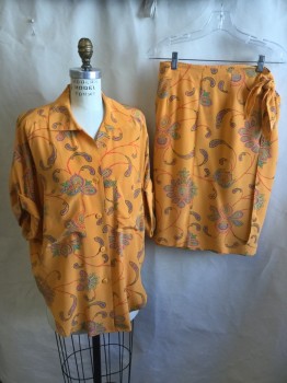 ELLEN TRACY-L.ALLARD, Orange, Red, Royal Blue, Turquoise Blue, Lime Green, Silk, Floral, Paisley/Swirls, Blouse:  Collar Attached, Button Front, 2 Pockets, Short Sleeves with Cuff, Curved Hem, with Matching Wrap-around Skirt,