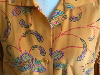 ELLEN TRACY-L.ALLARD, Orange, Red, Royal Blue, Turquoise Blue, Lime Green, Silk, Floral, Paisley/Swirls, Blouse:  Collar Attached, Button Front, 2 Pockets, Short Sleeves with Cuff, Curved Hem, with Matching Wrap-around Skirt,